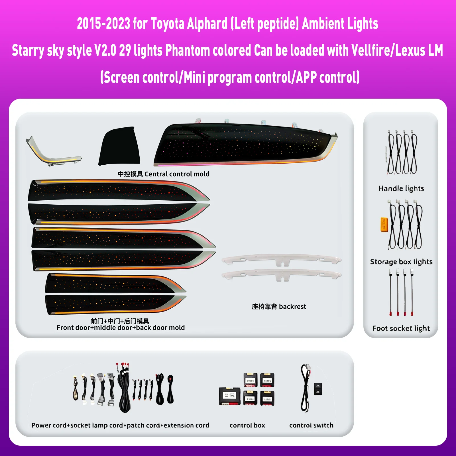 For Toyota Alphard 2015-2023 Years APP Control Ambient Light Dashboard Decorative LED Atmosphere Lamp illuminated Strips