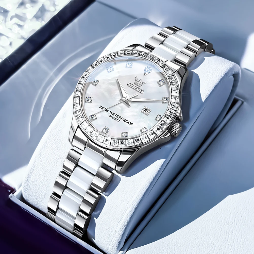 

Женские часы с бриллиантовым ободом, кварцевые водонепроницаемые часы для женщин, модные элегантные керамические ремешки, женские наручные часы, подарки