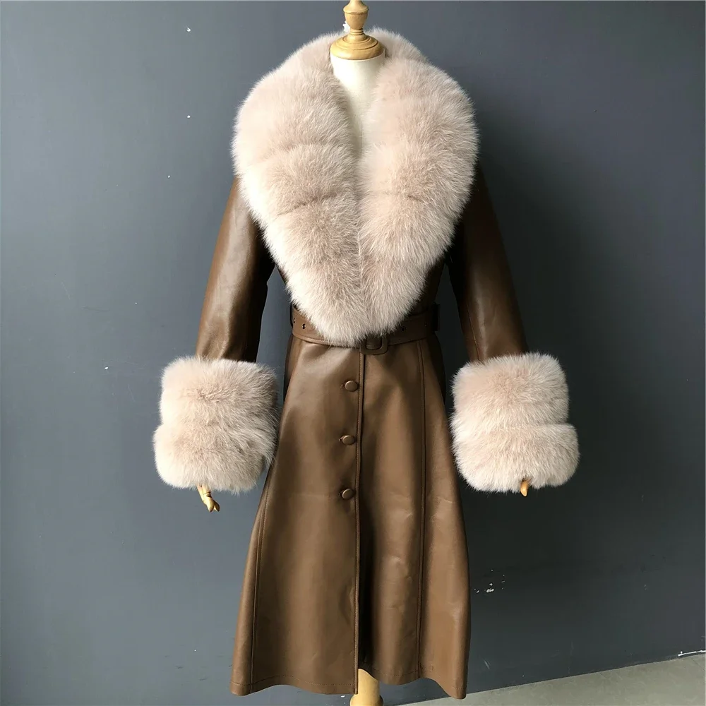 Hot Sale Fashion Women Genuine Leather Jacket With Real Fox Fur Collar Long Style Belt Design Wholesale Real Leather Trench Coat