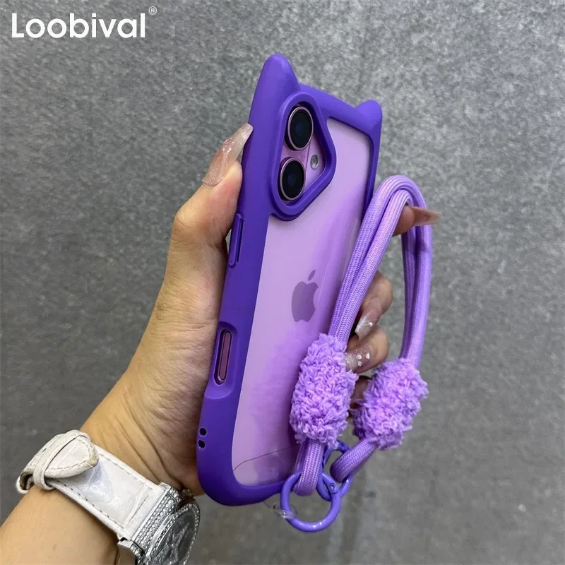 For iPhone 12 13 Mini 14 15 16 Pro Max Plus 11 Cartoon 3D Cat Ear Shape Transparent Case Plush Wrist Strap Lanyard Acrylic Cover