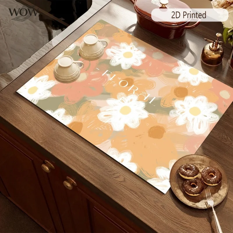 Drying Mat Purple White Rose Floral Print Tableware Drain Pad for Kitchen Countertop Coffee Bar Decoration