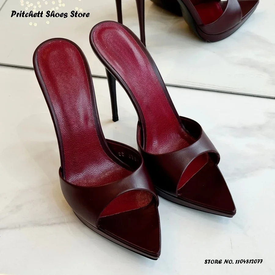 

Women's Leather Low Platform Mules Summer Fashion Pull On Banquet Wedding Shoes Sexy Pointed Open Toe 12cm High Stiletto Heels