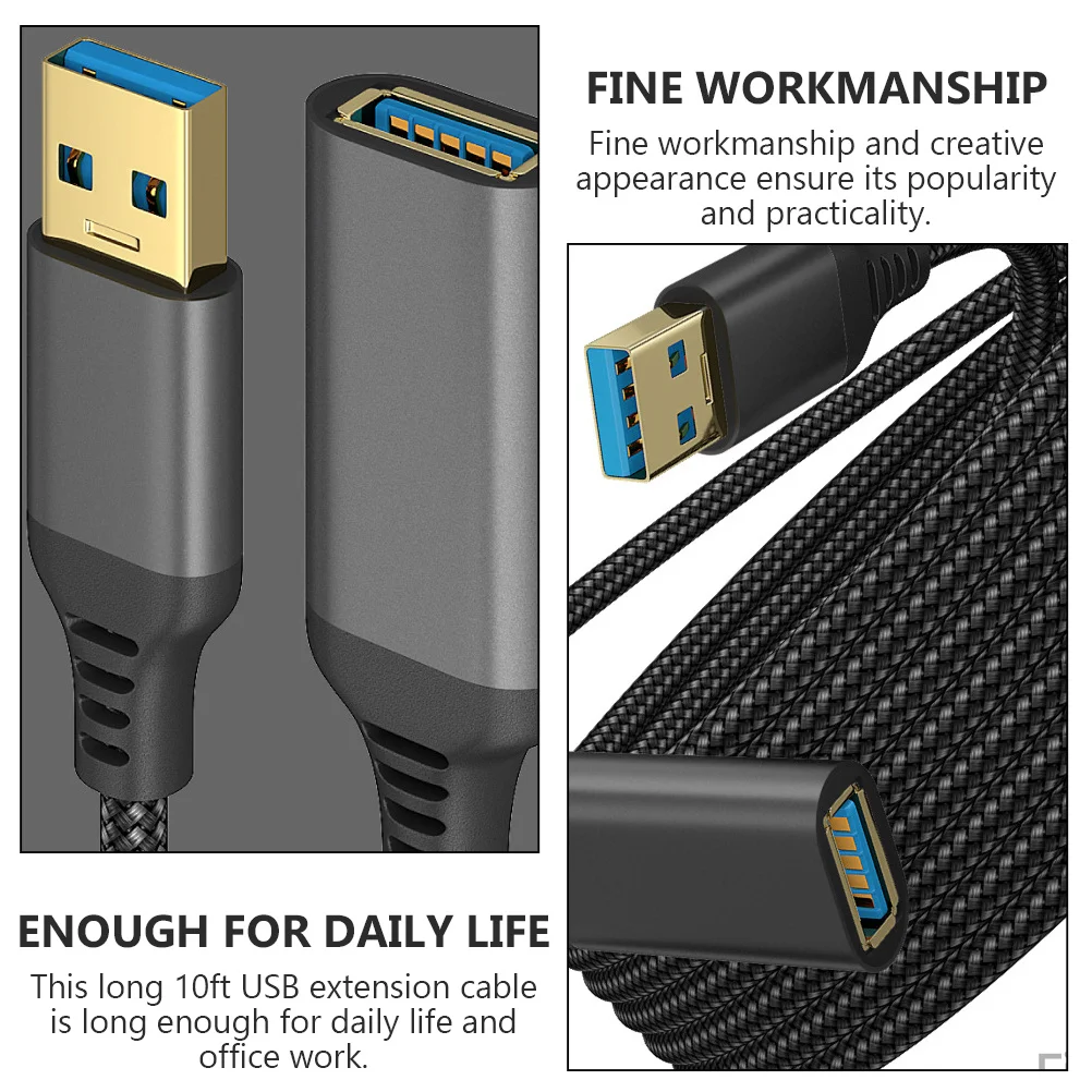 

10Ft Usb 3.0 Extension Cable High-Speed Data Transfer For Computer Camera Stick Usb Peripherals Male To Female Data Cord