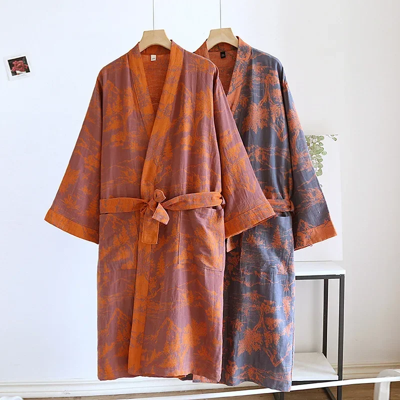 Men Women's Printed Cotton Loose Fitting Bathrobe Japanese Style Tie Up Kimono Bathrobe Sweat Steaming Cotton Pajamas Robes Men