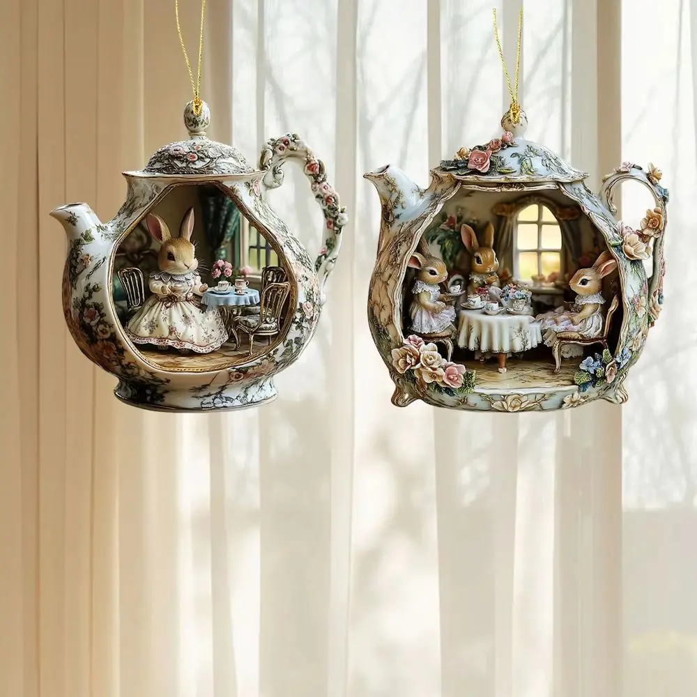 

2D Acrylic Rabbit in Teacup Pendant Flat Bag Pendant Charms Christmas Hanging Pendants Christmas Tree Ornament Navidad Decor
