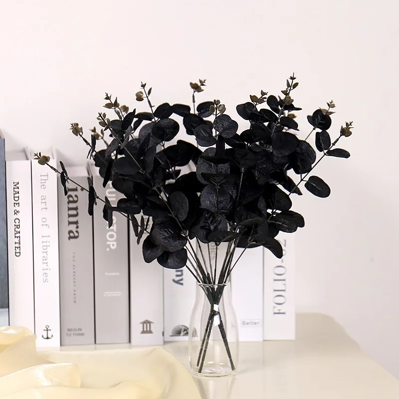 3Pcs 4 Forks Fake Black Money Leaf Bouquet, Artificial Eucalyptus Greenery for Halloween Dark Style Party Table Decorations