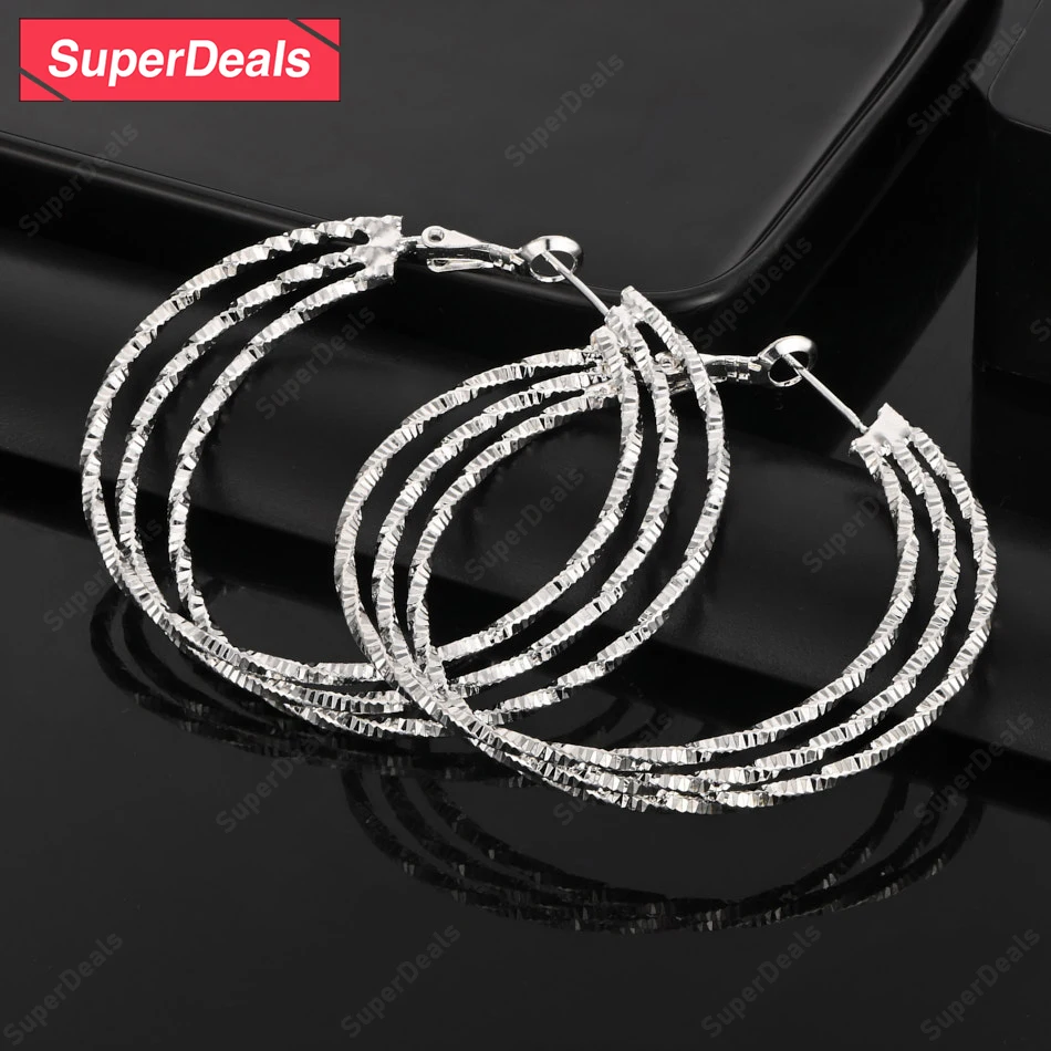 

SuperDeals 50mm 925 Sterling Silver Three Circle Hoop Earrings Women Fine Elegant Jewelry Engagement Wedding Gift Happy Party