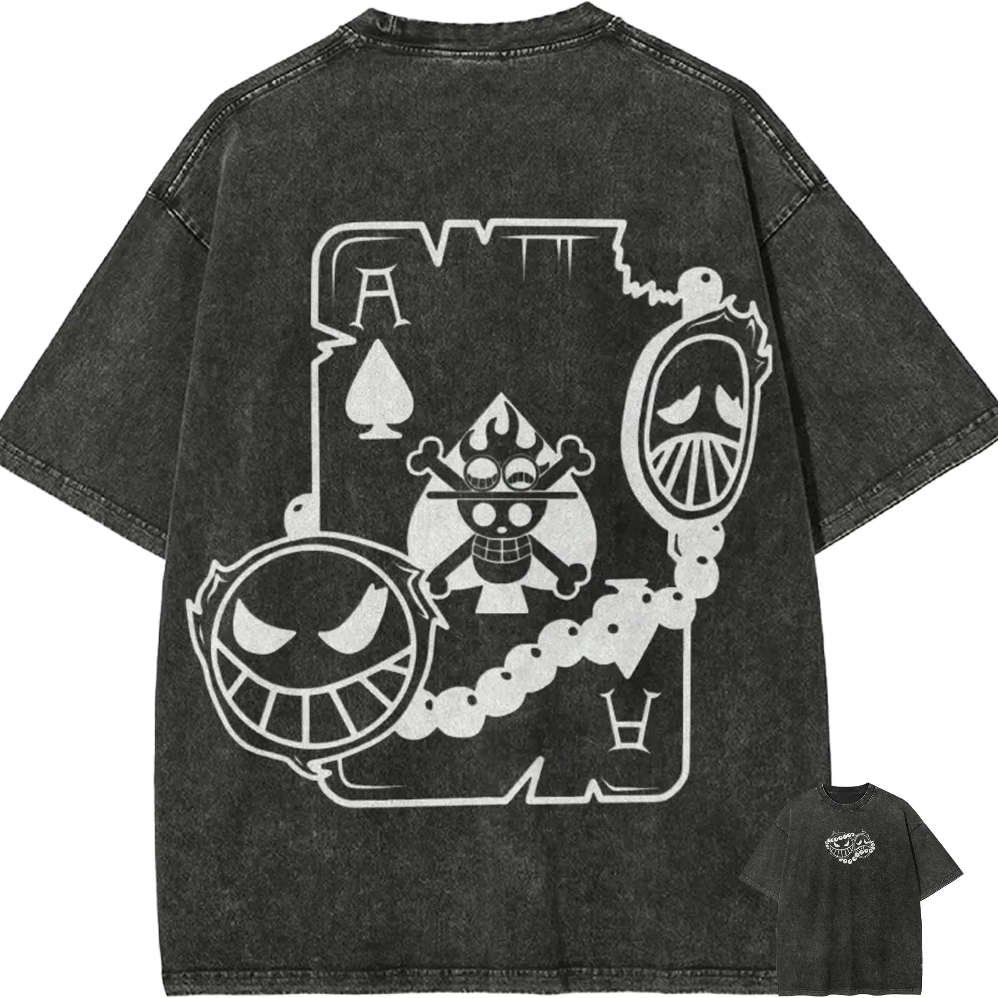 Ace T Shirt Men Acid Wash One Piece Anime Poker Ace of Spades Graphic Vintage Streetwear Fire Fist Smile Badge Shirt 2026 Summer