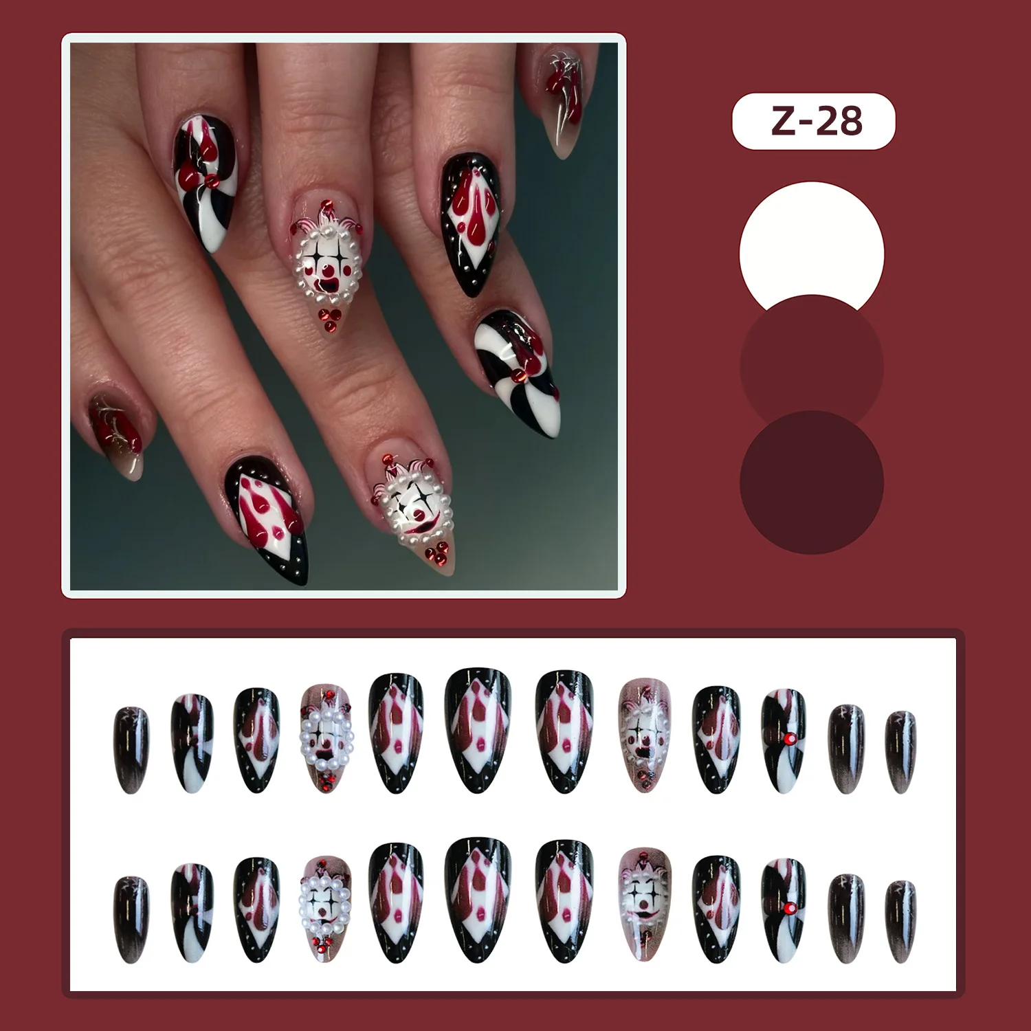 Halloween Ghost Face Blood Press on Nails Circus Clowns Press On Nails Spiral Stripe Pattern False Nails Halloween Fake Nails