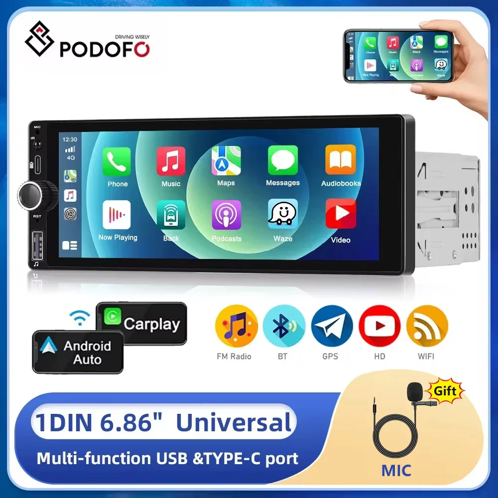 Podofo 1din Android MP5 Car Stereo Radio 6.86