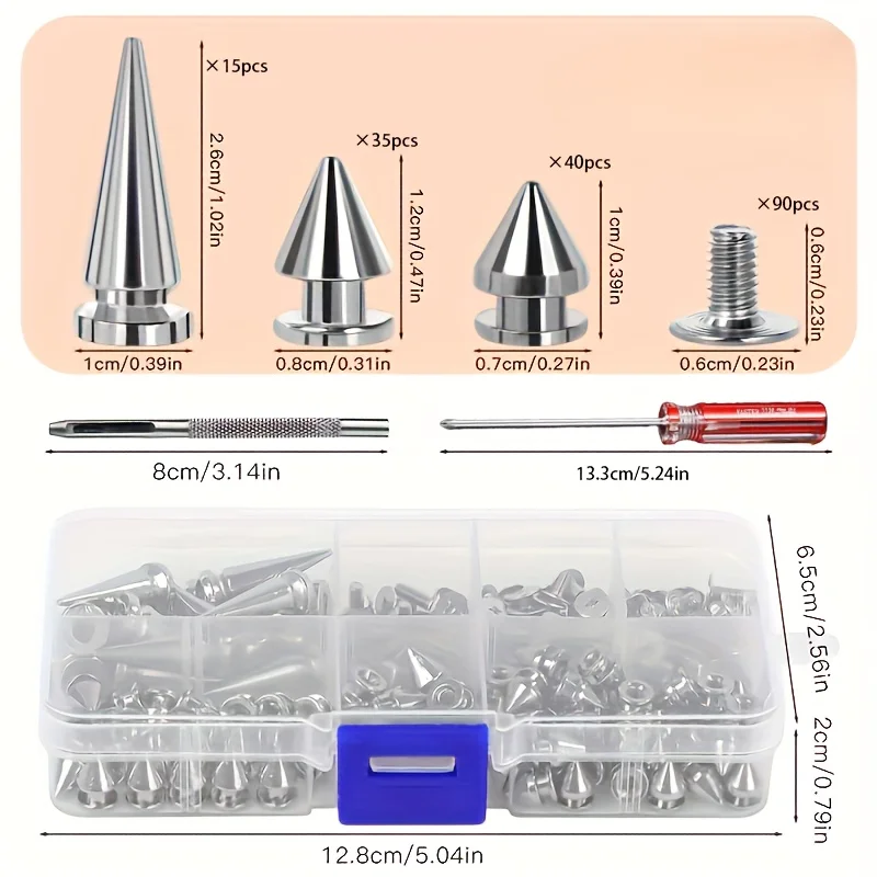180 pcs various size tapered nails, spiral rivets for punk style clothing accessories DIY craft decoration