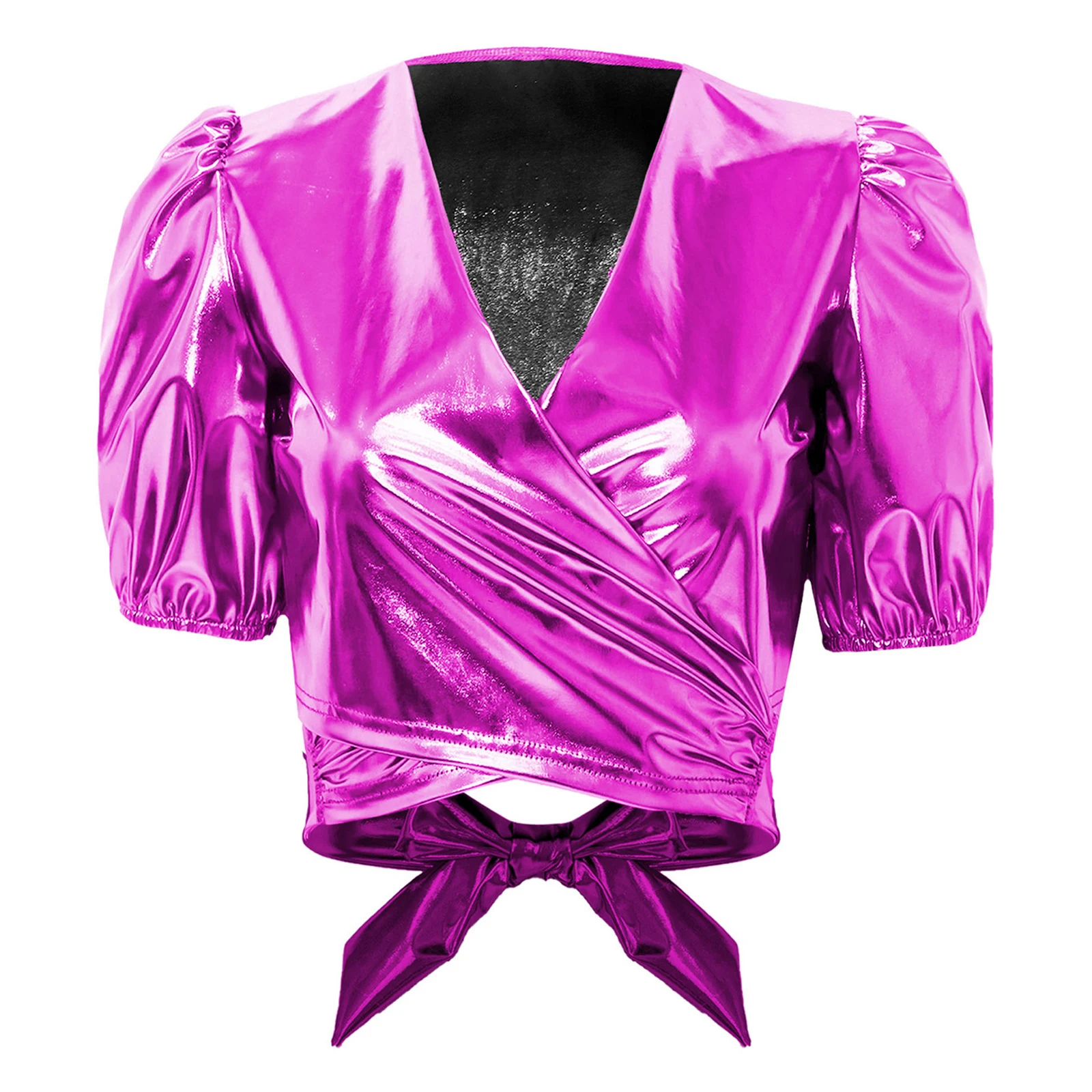 

Womens Iridescent Metallic Puff Short Sleeve Wrap V Neck Tying Bottom Crop Top Fashion Y2k Shirt Top for Music Festival Party