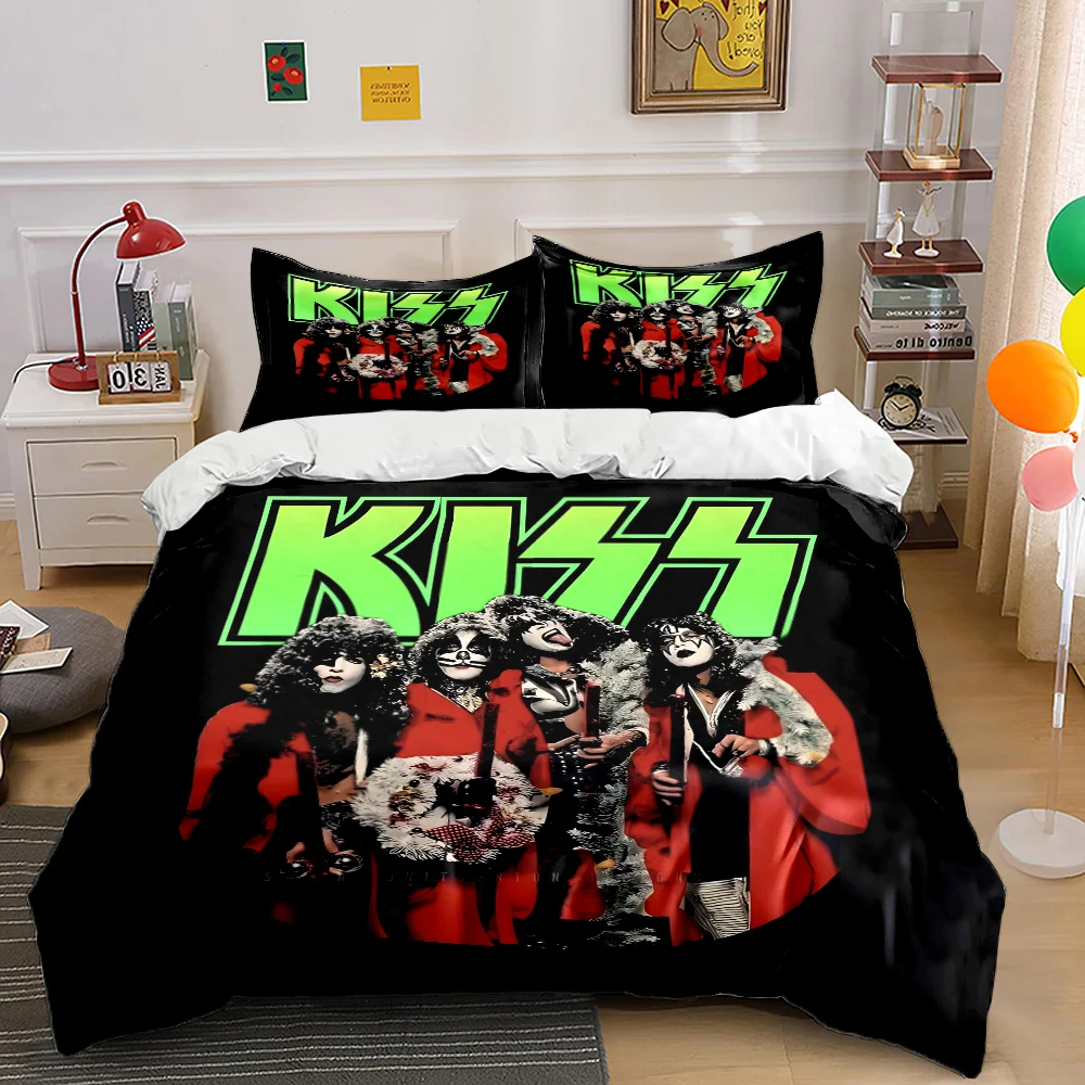 3PCS Rock Band K-Kiss Pattern Bedding Set Digital Printing Colorful Polyester Bedding with Zipper Closur Multiple Sizes for Gift