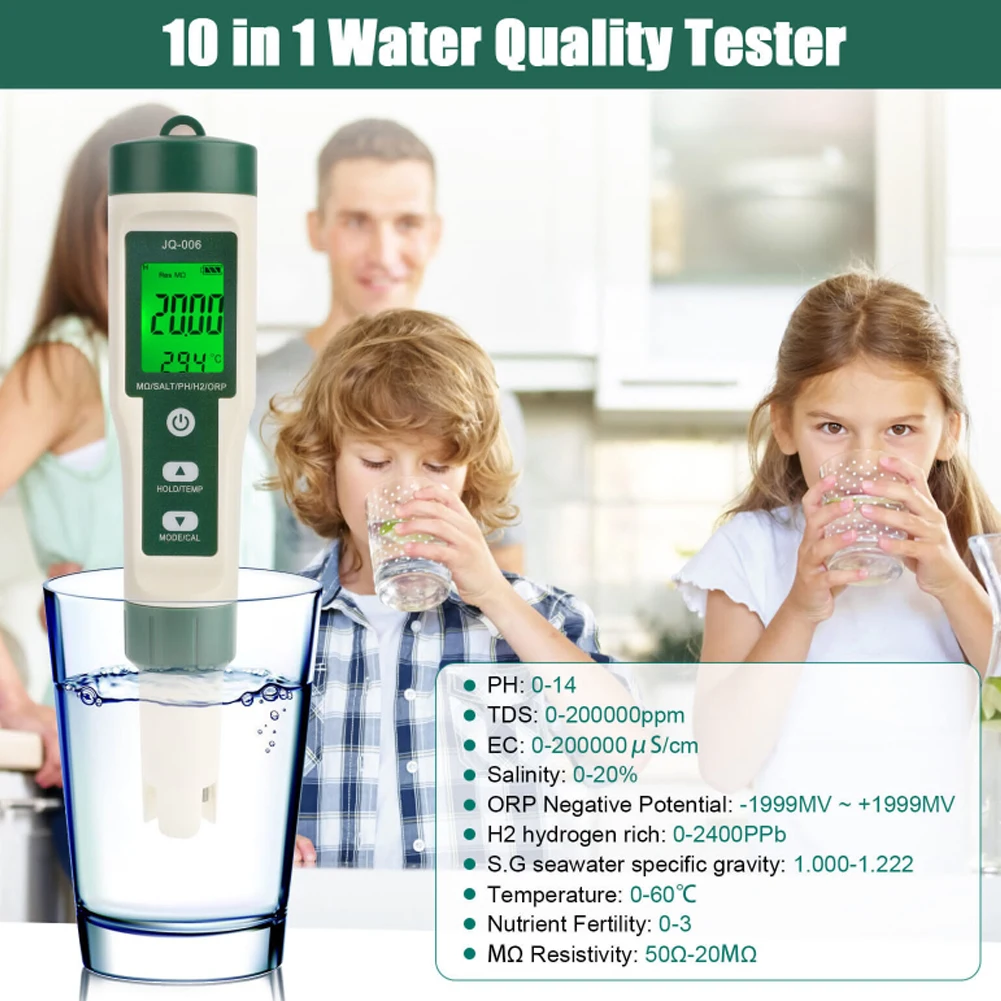 Universal Water Quality Tester 10 In 1PH/TDS/SALT/SG/ORP/EC/Hydrogen/Resistivity/TEMP/Nutrient For Aquarium Swimming Pool