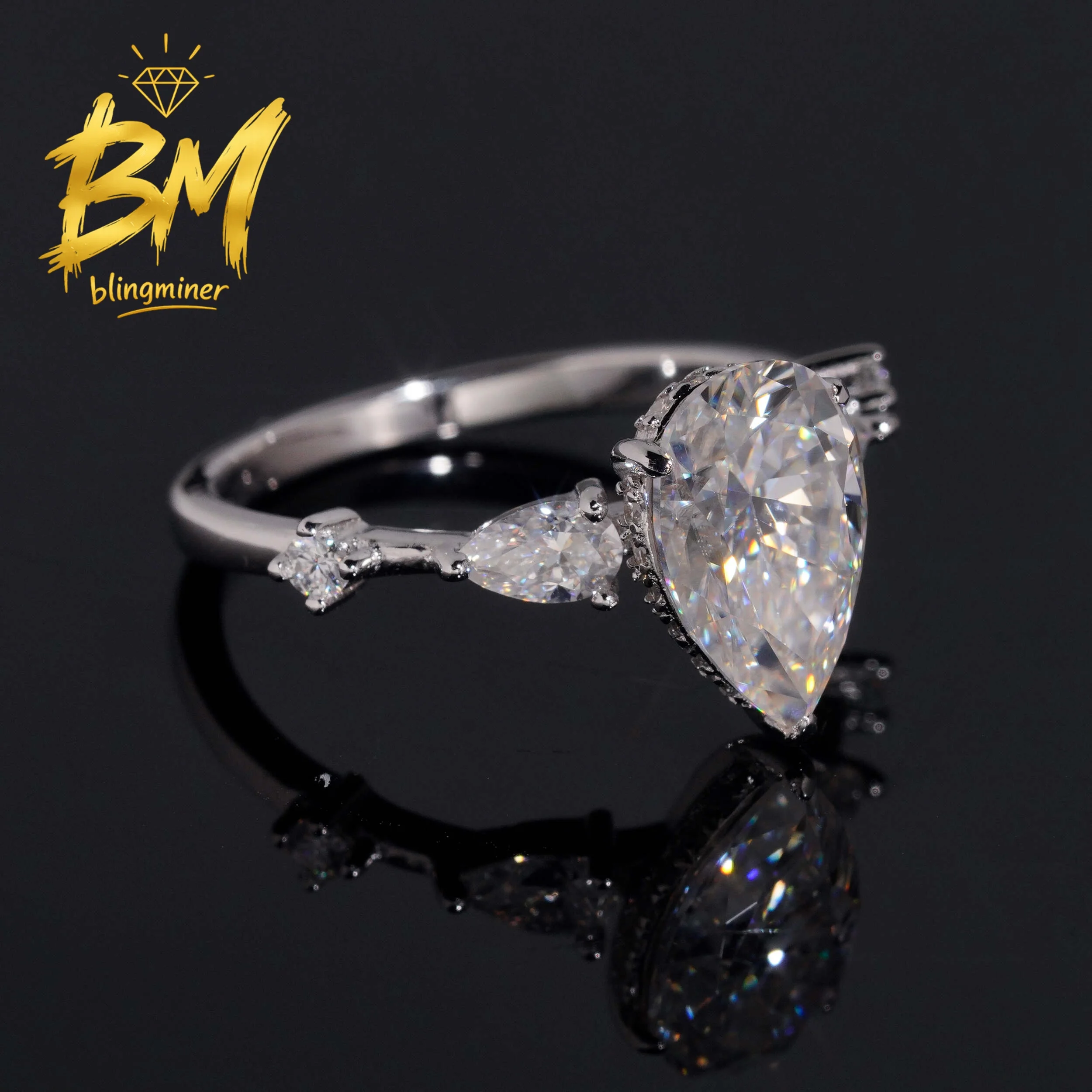 Blingminer Fine Pear Cut 3CT S925 Silver VVS Moissanite Rings Engagement Wedding Women Finger Jewelry Pass Diamonds Free Shippin