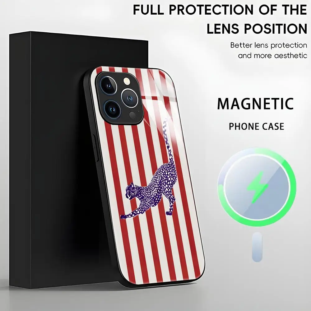 Funda de teléfono para iPhone17 16 15 14 13 12 11 X XR XS 8 Plus Mini Pro Max funda magnética de cristal fondo a rayas animal, leopardo