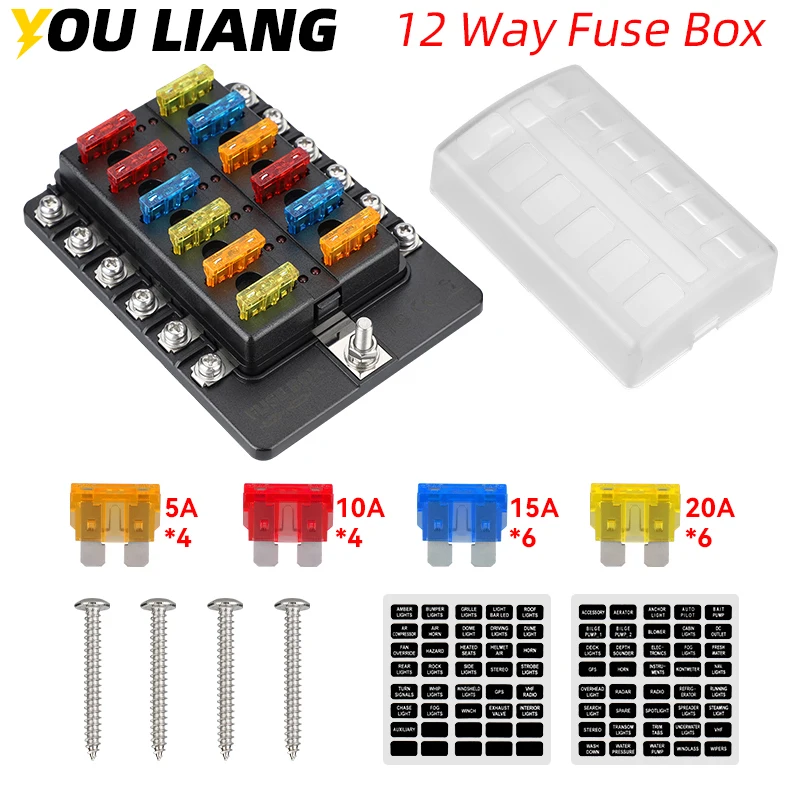 12 Way Fuse Block Marine Fuse Panel with LED Indicator Damp-Proof Cover Car Marine RV Truck with 20pcs Fuses and a Fuse Pulle