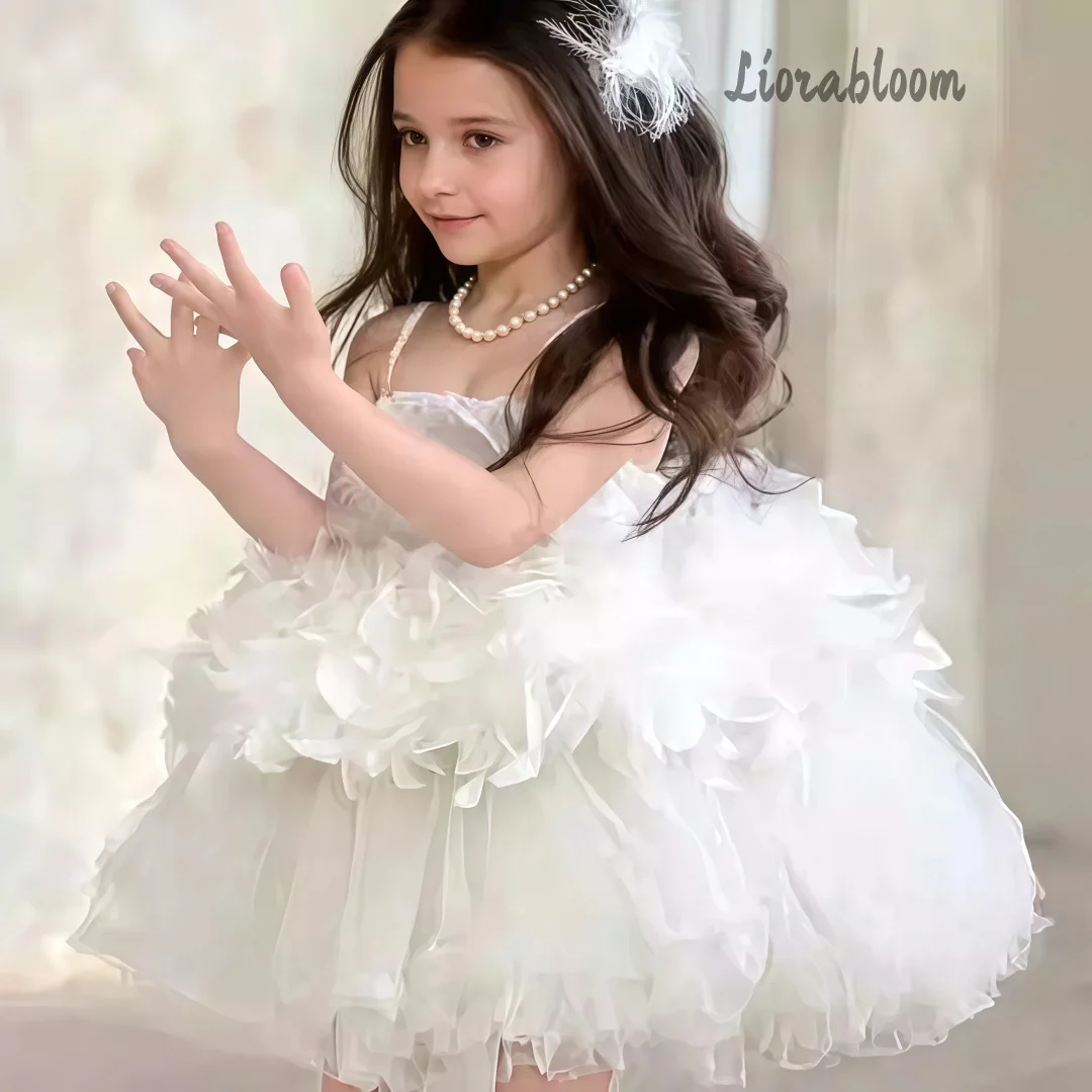 Abito da sera bianco da bambina firmato, con gonna a strati e piume, per damigella d'onore, abito da festa, abbigliamento da matrimonio