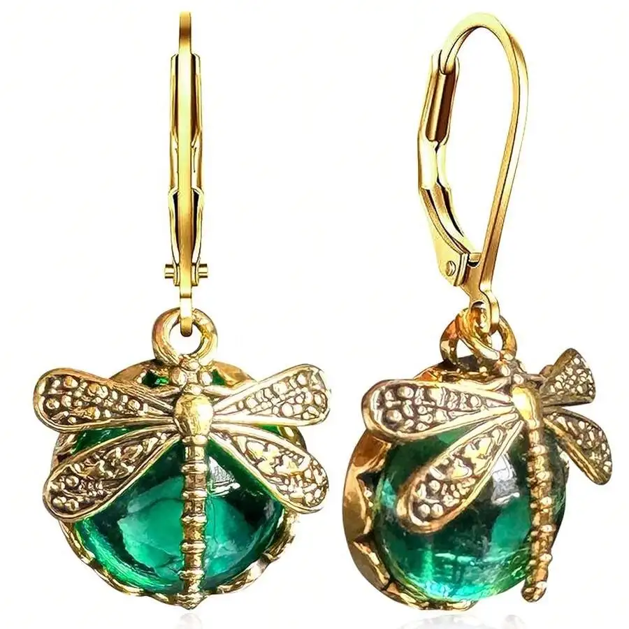 

Bohemian Crystal Green Dragonfly Dangle Leverback Earrings For Women