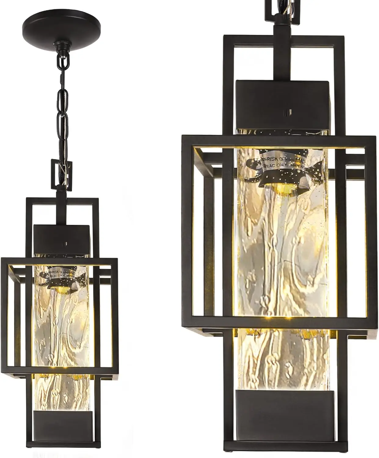 

15" Modern Black Outdoor Pendant Light, Metal Cage with Seeded Glass, Dimmable LED Bulb Included for Porch Entryway