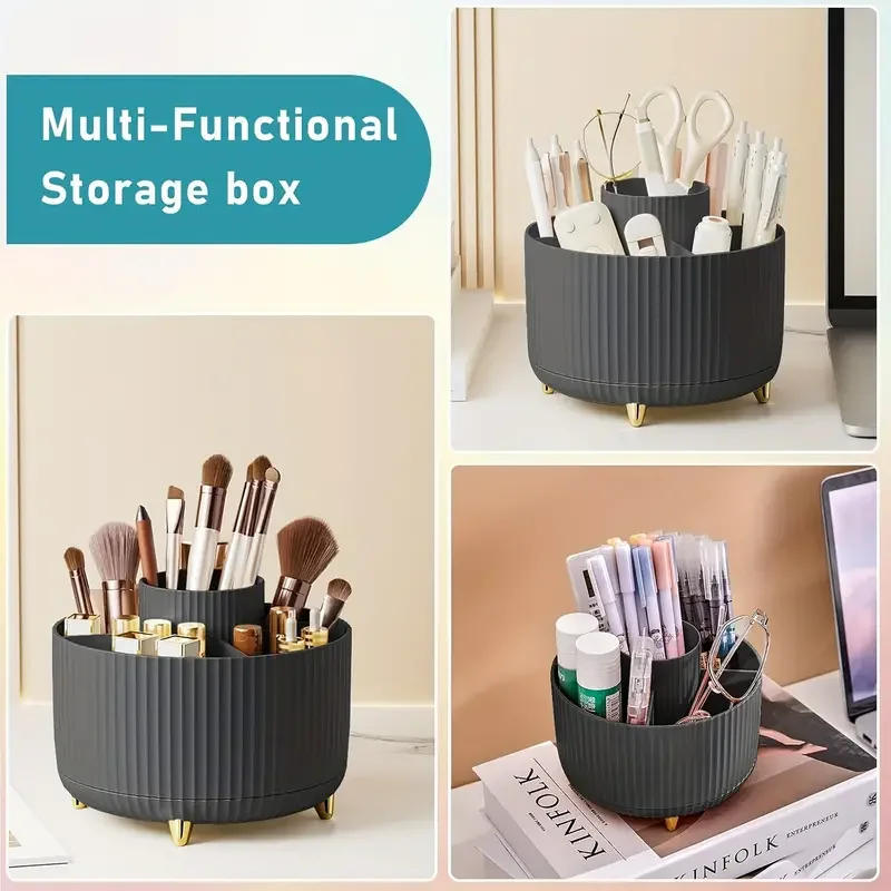 360 °   Porte-brosse de maquillage rotatif à 5 fentes, organisateur de rangement de bureau multifonctionnel, rangement de cosmétiques pour vanité, bureau, salle de bain