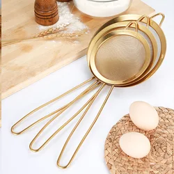 Kitchen baking golden stainless steel mesh colander with hook oil scoop soybean milk juice rice slurry filter screen flour sieve