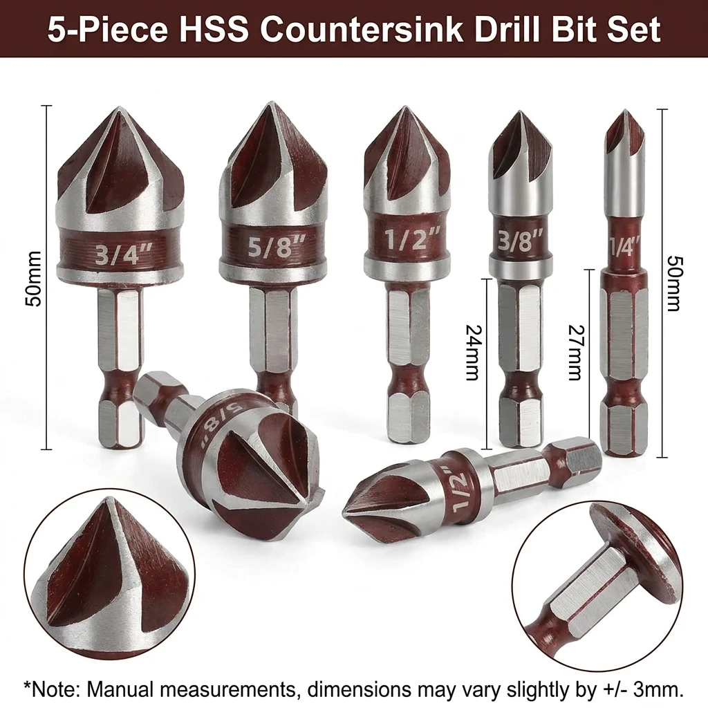 5 Flute Metal M35 Cobalt Countersink Drill Bit Set 82° 5pcs 1/4
