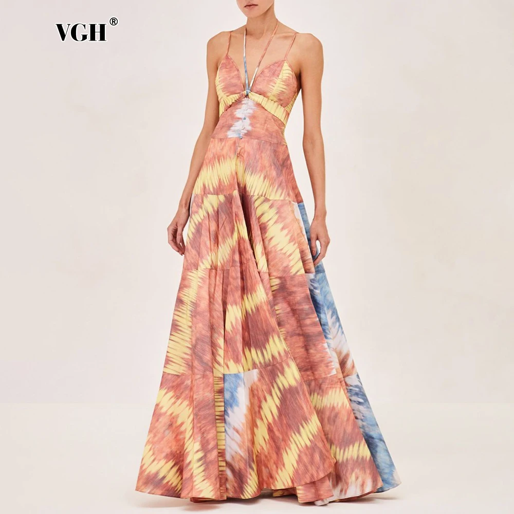 VGH Colorblock Tie Dye Women Maxi Dress Halter V Neck Sleeveless Backless High Waist Patchwork Folds Dresses Female Summer Style