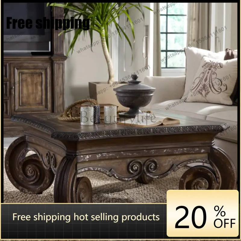 Zj. American country solid wood coffee table French retro old square coffee table