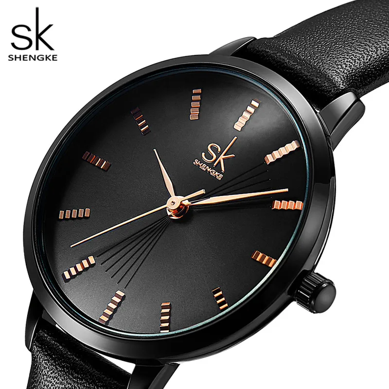 SHENGKE SK Top Luxury Women Watches Black Leather Strap Ladies Quartz Wristwatches Original Design Diamond Womans Clock Dropship