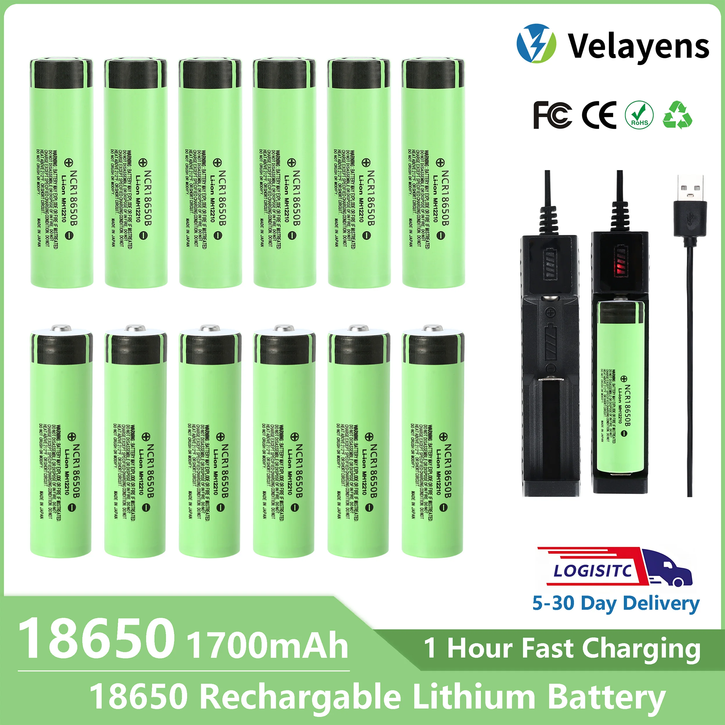 18650 1700mAh 3.7V Rechargeable Li-Ion Battery High-Drain for Flashlights 2-20pcs Bulk Available, 1000+ Charge Cycles