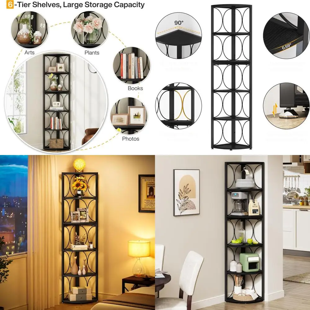 

67 6-Tier Rustic Bookshelf Storage Rack for Living Room, Small Space, Black
