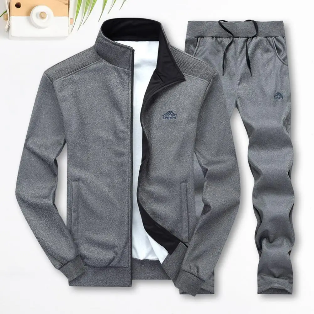 2Pcs/Set Men Athleisure Suit Stand Collar Long Sleeve Zipper Placket Coat Elastic Drawstring Waistband Long Pants Set