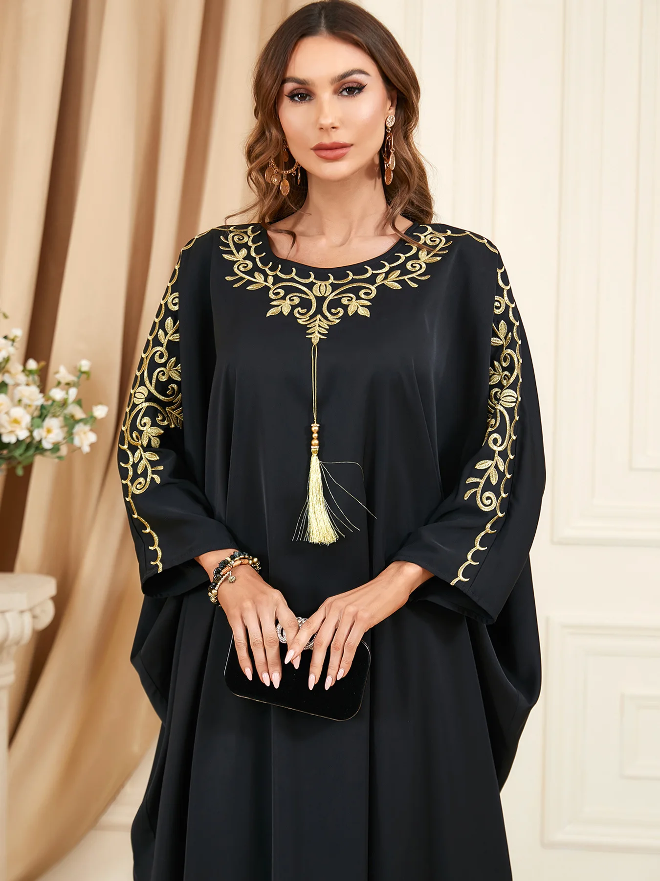 Muslim Dress Satin Golden Flower Embroidery Kaftan Abaya Party High Quality Maxi Long Dresses Tassel Robes Islamic Clothing