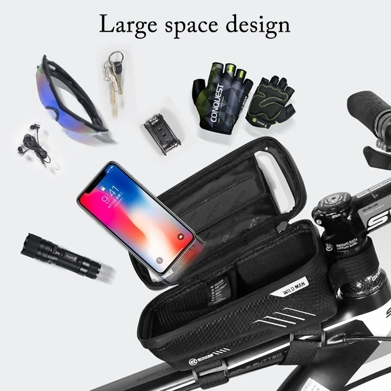 WILD MAN Bike Bag Waterproof Front Road Bicycle Bag Bike Cell Phone Holder MTB Bicycle Bag for Frame Cycling Top Tube Saddle Bag