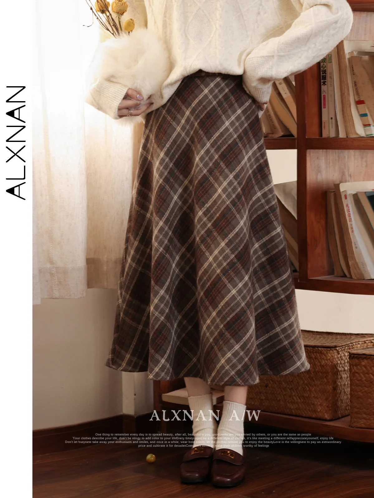 ALXNAN-Jupe plissée à carreaux vintage pour femme, ligne A, mi-longue, épaisse, garde au chaud, chic, nouvelle tendance, automne, hiver, LXN32097, 2024