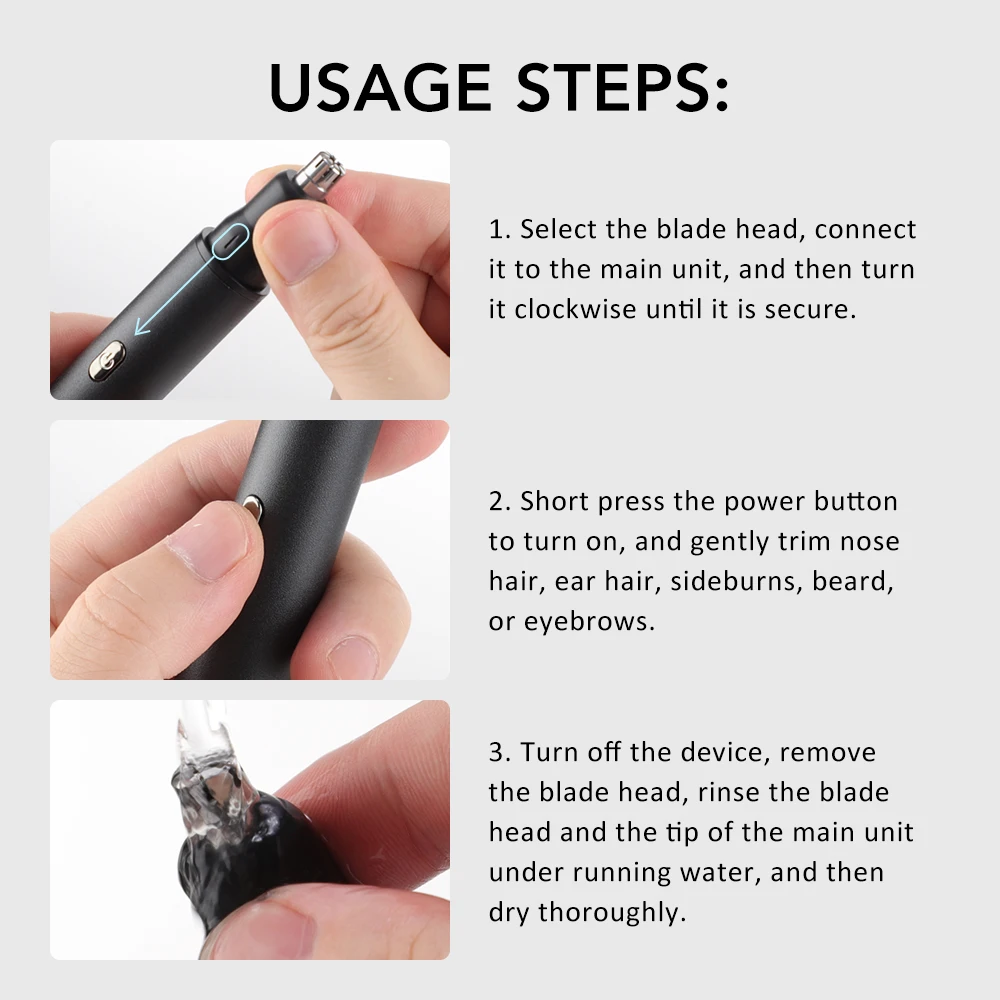 3-in-1 Elektrischer Nasen- und Ohrhaartrimmer für Männer mit LED-Anzeige, Schmerzfreier Trimmer für Koteletten, Augenbrauen und Bart, USB-Aufladbar – Detail 8