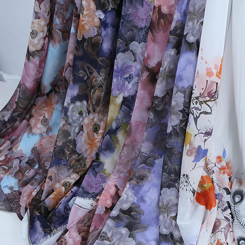 50D Thin Chiffon Fabric Translucent Chinese Ink Style for Sewing Clothes by Meters