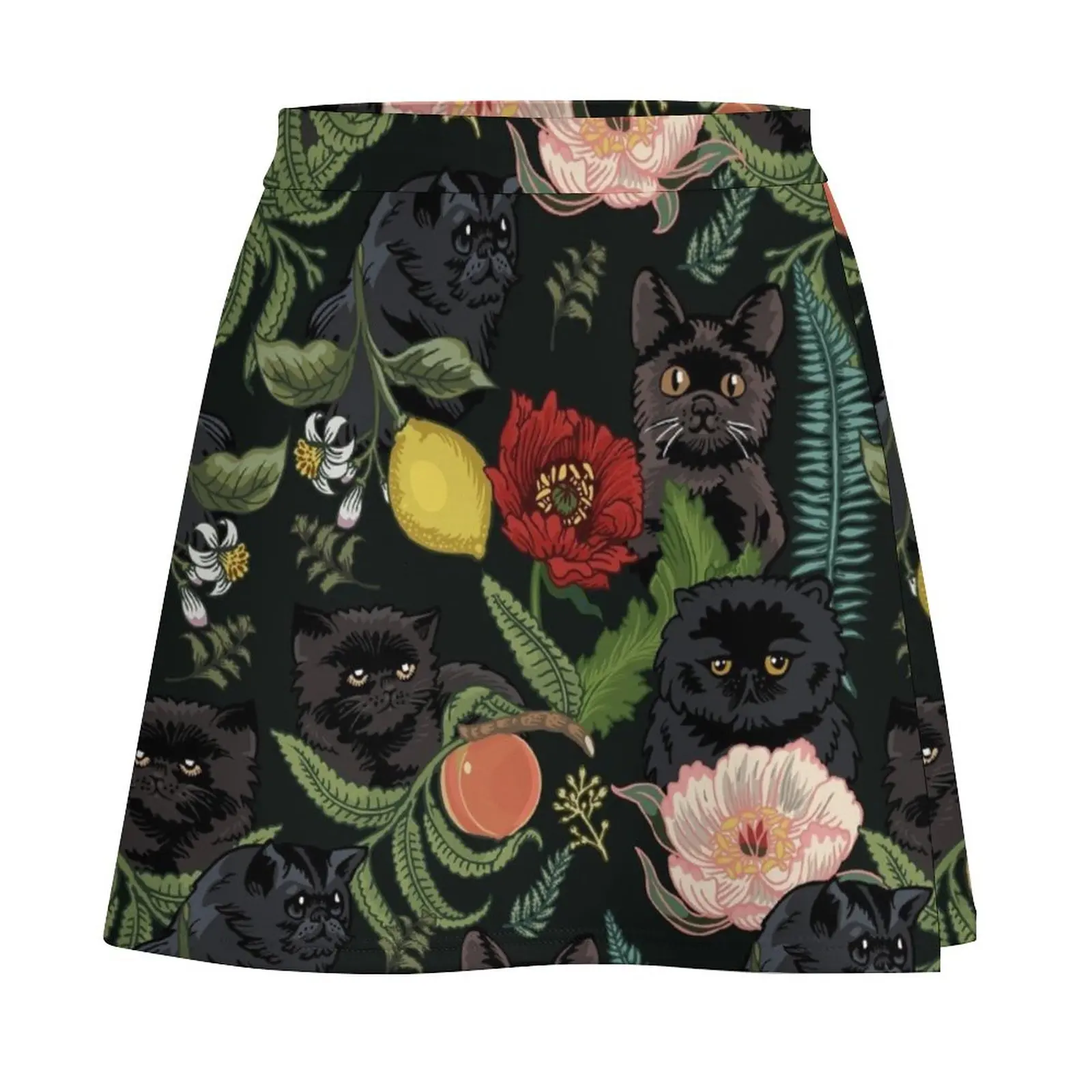 Mini-saia Botânica e Black Cats, Roupa de mulher, Saia Kawaii