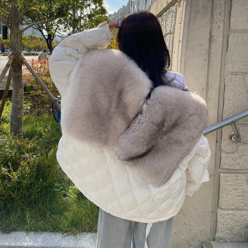 Fashion Short Winter Down Fur Coat Warm 90% White Duck Down With Real Big Fox Fur Jackets Female's High Street Down Fur Parka