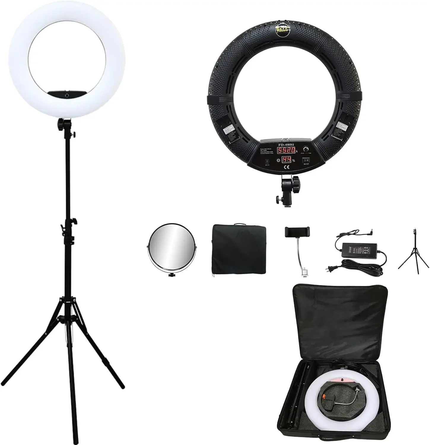 FD480 Ring Lamp 18 Inch LED Ring Light with Stand and Mirror, Black | 96W, Selfie Light, YouTube Vlog Live Stream, Makeup Beauty