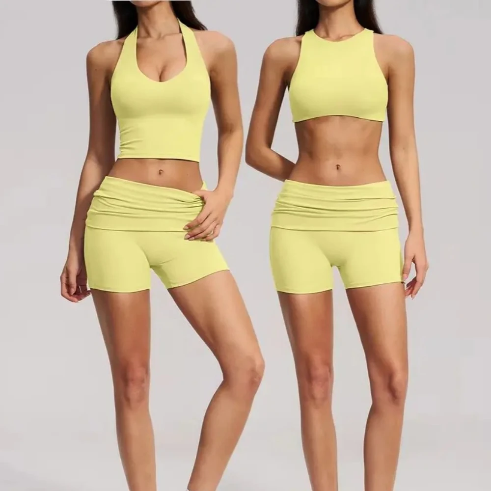 2 Pieces Yoga Suit Women Halter Sports Bra Matching Impact Shorts Workout Sets Gym Fitness Outfits Set Athletic Wear Gym Clothes