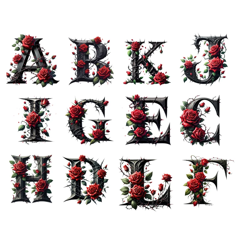 Dark style Flower rose A-Z Letter Visual Design Iron On Transfer for Clothing Transfers Ready to Press Heat Transfer Printing