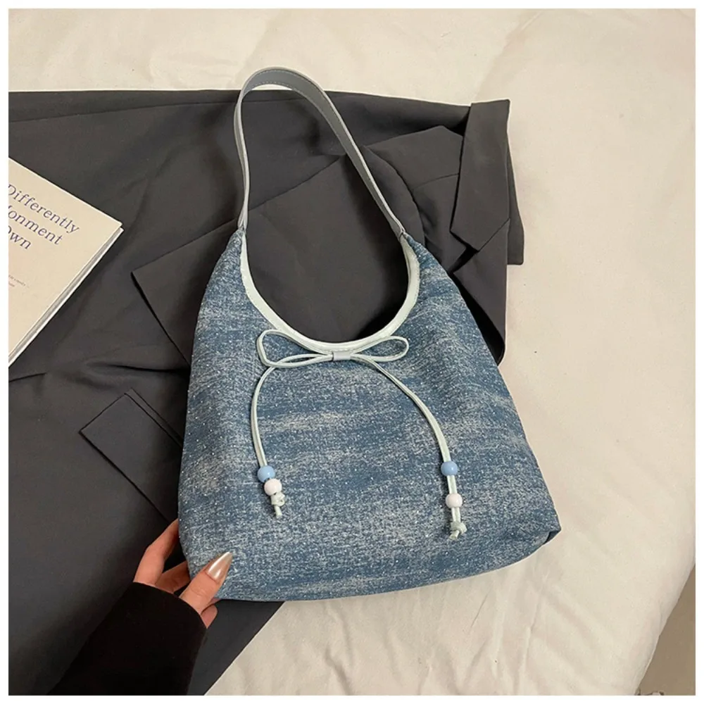 Простая универсальная джинсовая сумка подмышечника, повседневные сумки на плечо с бантом большой емкости, тканевая холщовая сумка для отдыха, женская большая сумка