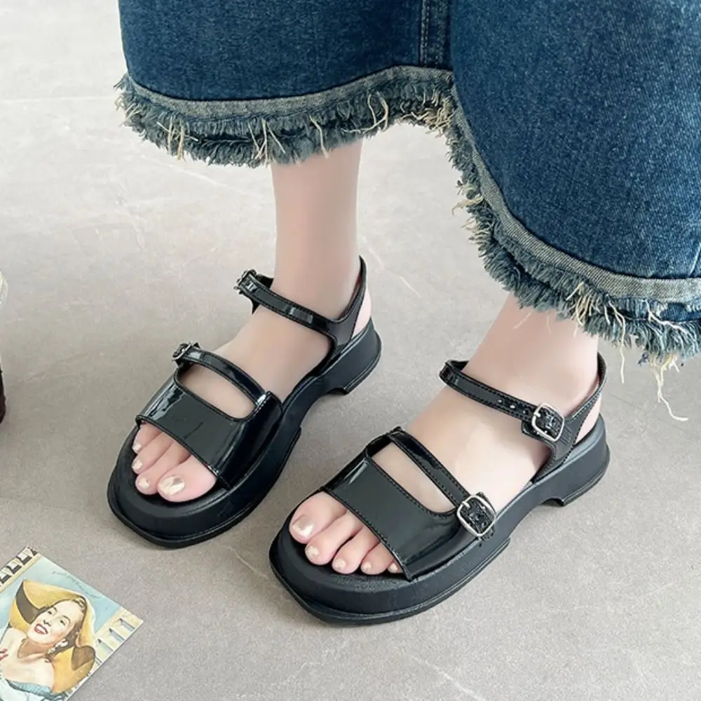 

All Match PVC Low Heel Sandals Hollow Ankle Buckles Slides Slippers Anti Slip Beachwear Platform Sandals Women Summer