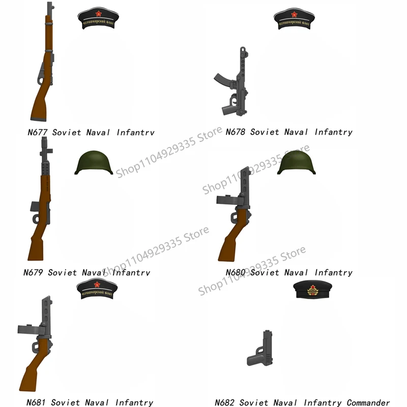 

N677-682 MOC WW2 Soviet Military Navy Soldiers Figures Building Blocks Infantry Commander Navy Hat Gun Accessories Bricks Toys