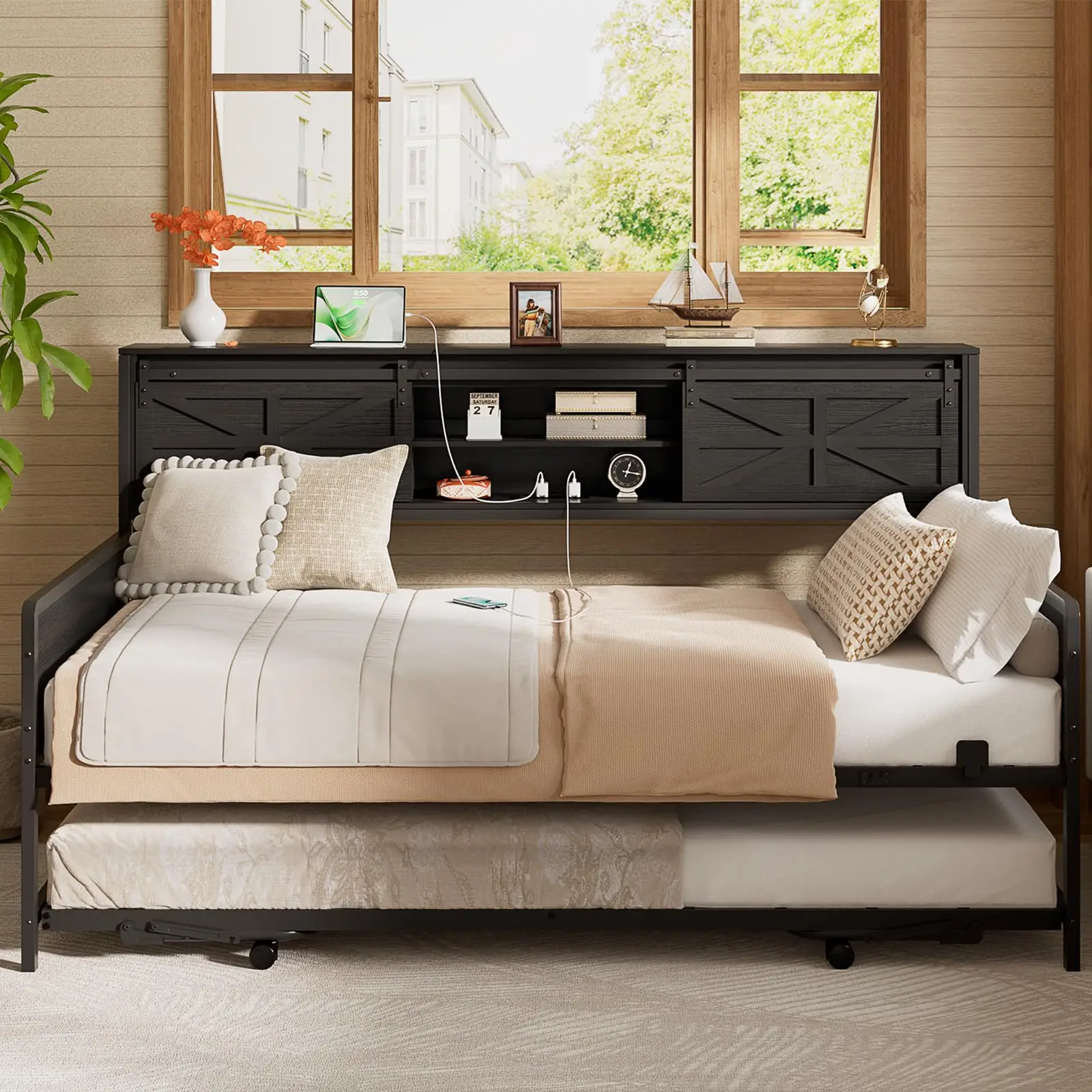Farmhouse Twin Daybed with Pop-Up Trundle, Black