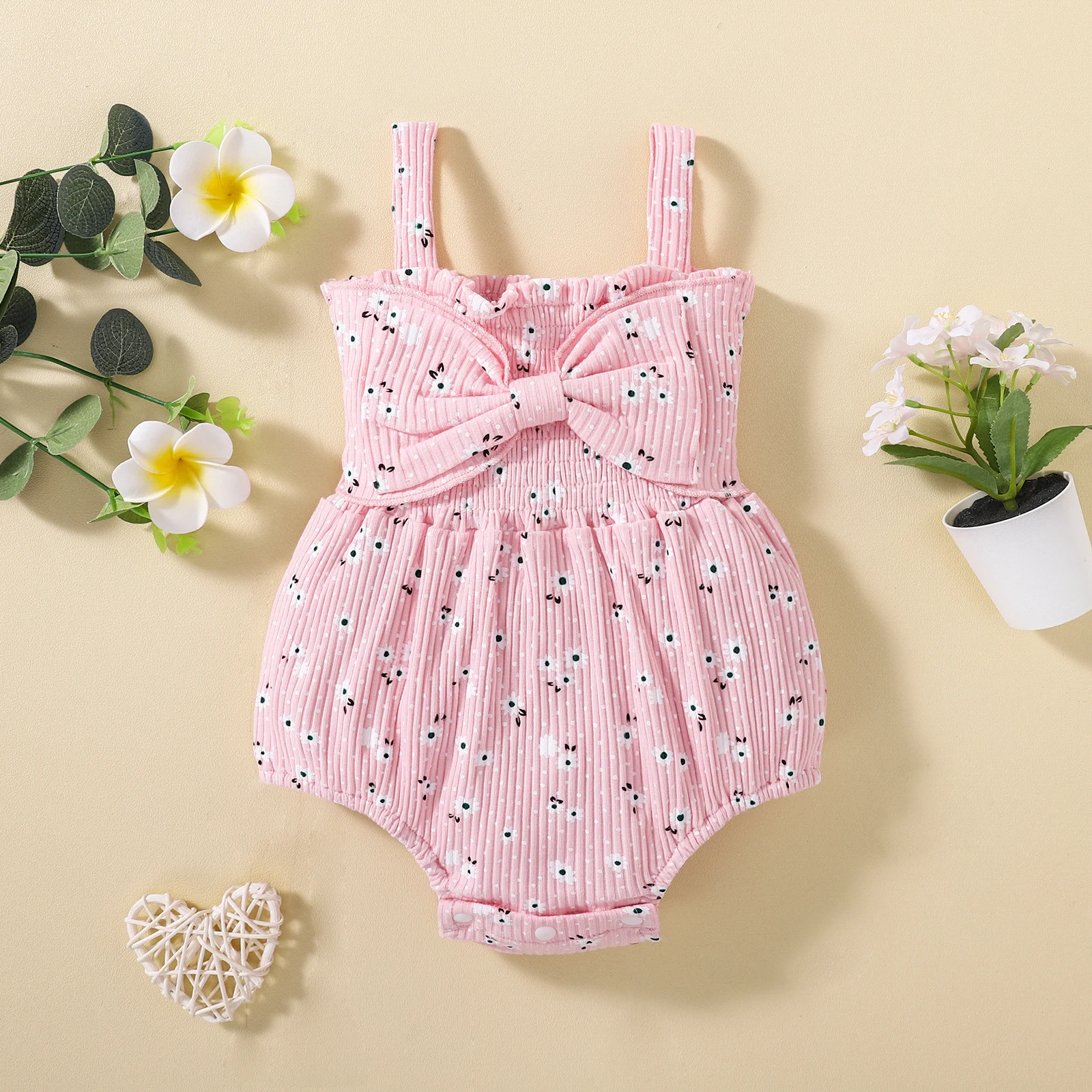 Summer Newborn Ribbed Bodysuit, Baby Girls Sleeveless Flower & Dot Print Jumpsuits with Bow Elastic Playsuits