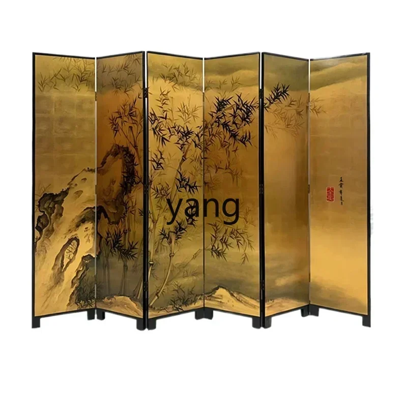 LH gold foil screen carnation folding screen tea room hand painted lacquer painting folding screen