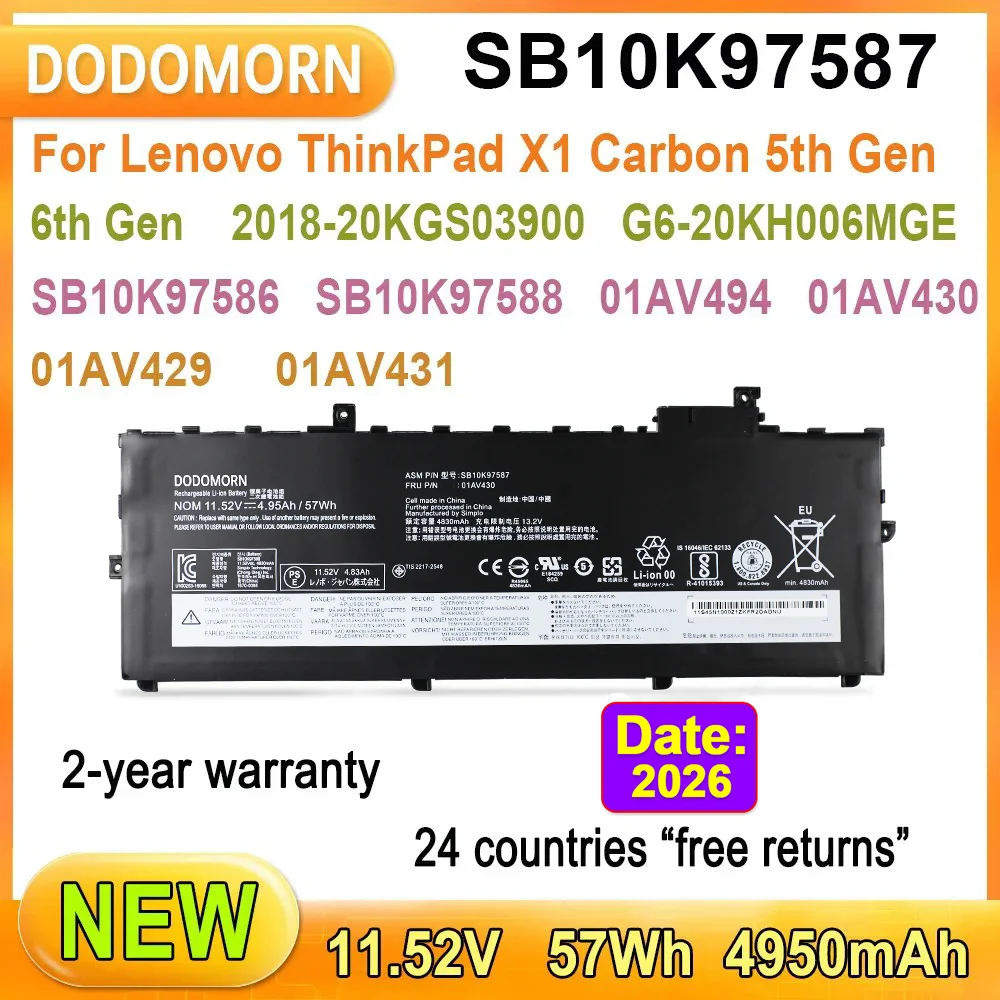 Batería para ordenador portátil 57Wh para Lenovo ThinkPad X1 Carbon 5th 6th Gen (X1 Carbon 2017 2018) Series alta calidad capacidad total